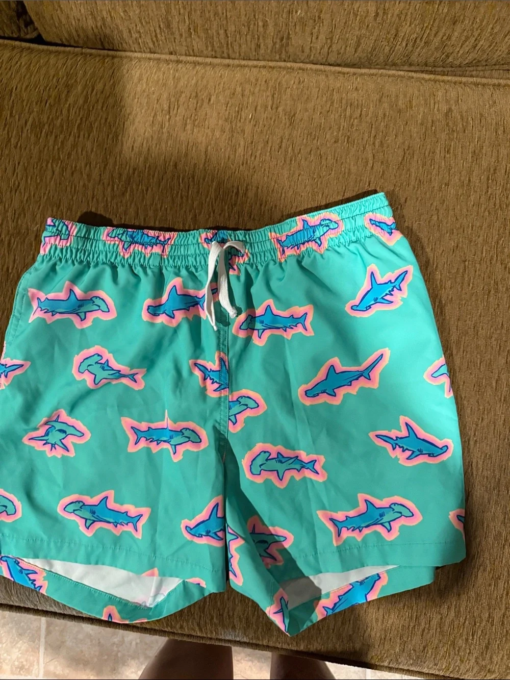 chubbies Turquoise Swim Trunks with Blue and Pink Shark Print